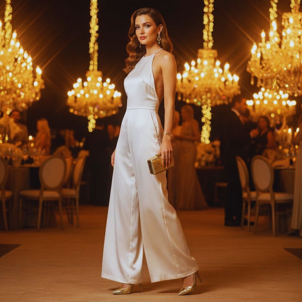 Elegant woman in Vanilla Latte Blonde evening outfit — cream satin co-ord with gold heels and metallic clutch under warm evening lighting.