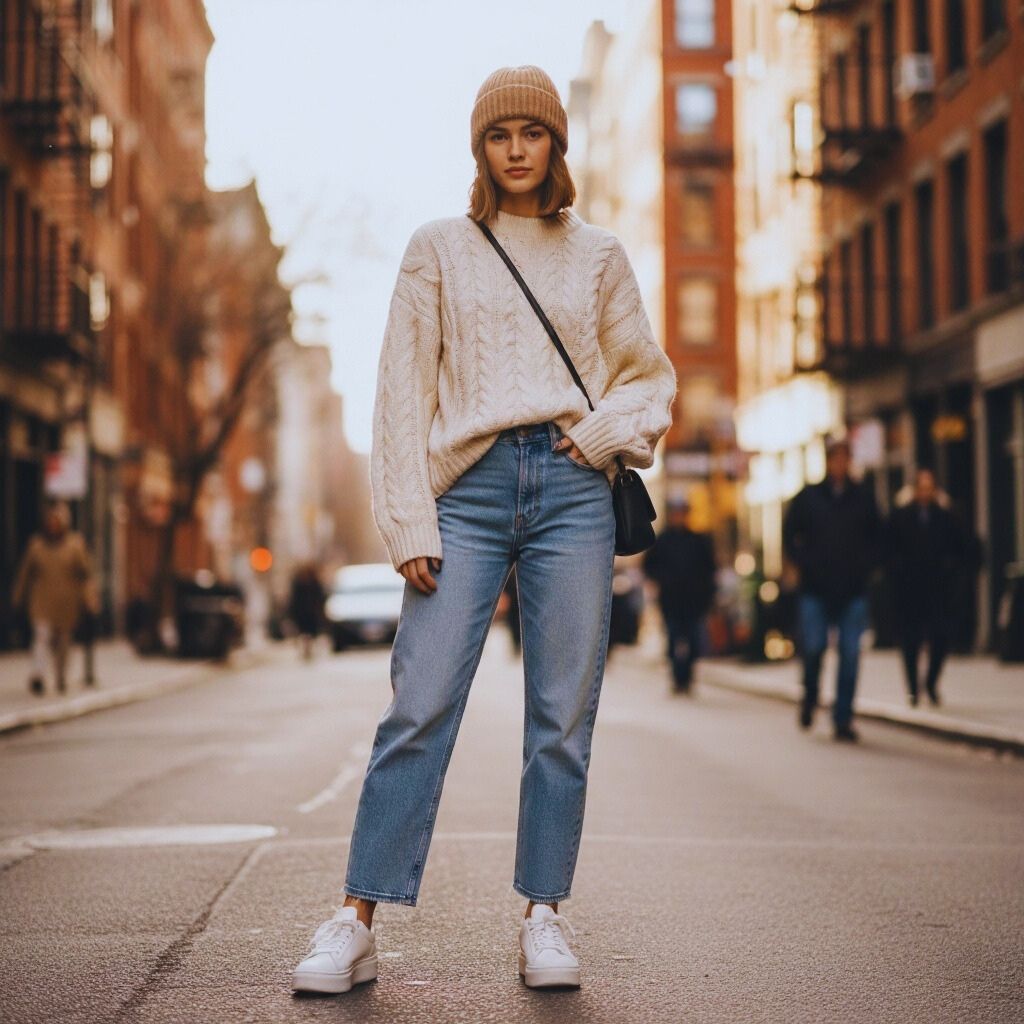 Gen Z fashion model wearing oversized cream cable knit sweater, straight-leg denim jeans, and a fisherman cap in a cozy street-style outfit.