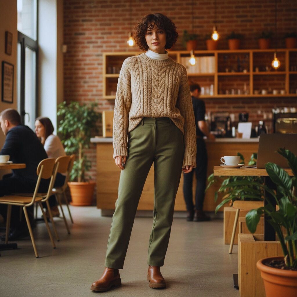 Woman in beige cable knit sweater layered over white turtleneck with olive trousers and leather boots, styled for a cozy modern Gen Z look.