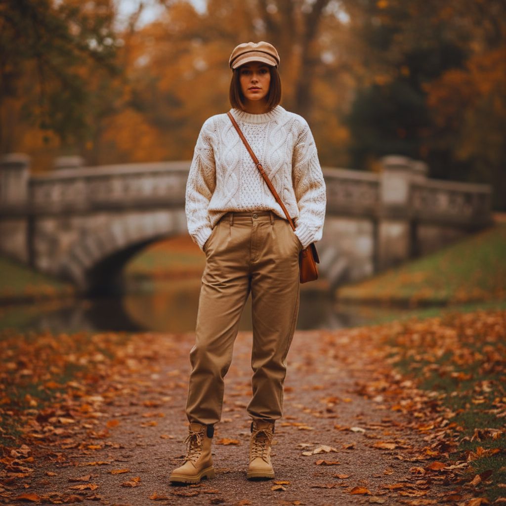 Woman wearing cream cable knit sweater with khaki pants, beige boots, and brown crossbody bag, styled in neutral earthy tones for a Gen Z aesthetic.