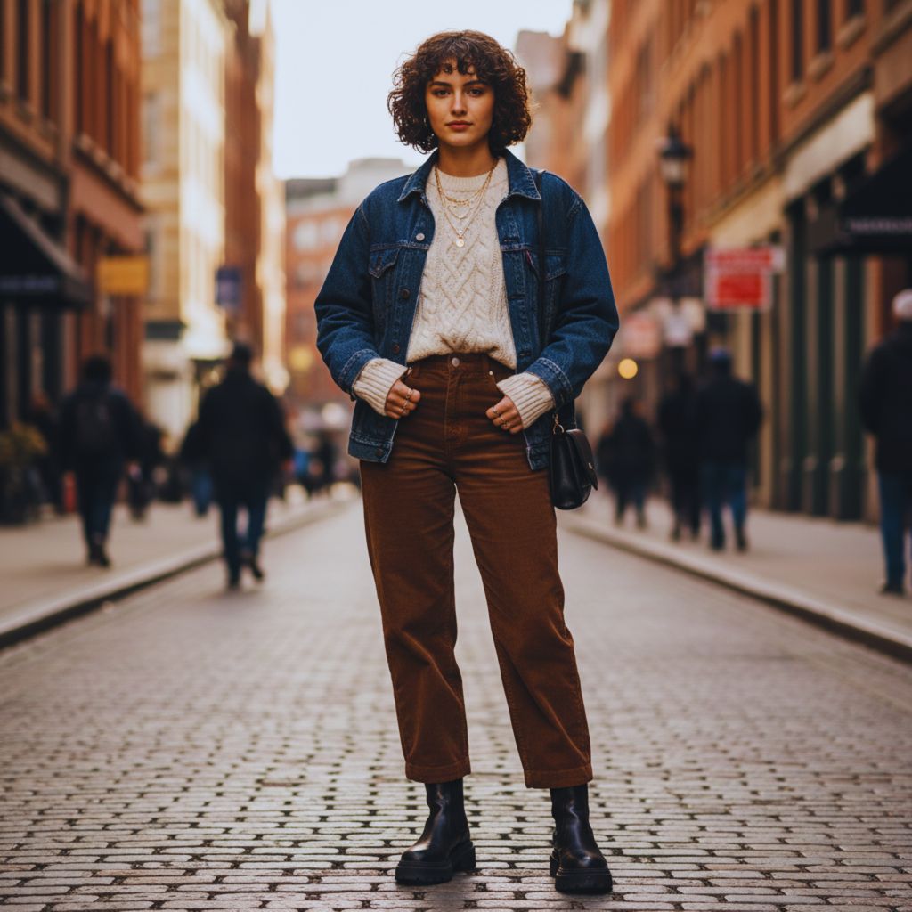 Model wearing a textured cable knit sweater with corduroy pants and denim jacket, styled with chunky boots and layered jewelry for modern street style.