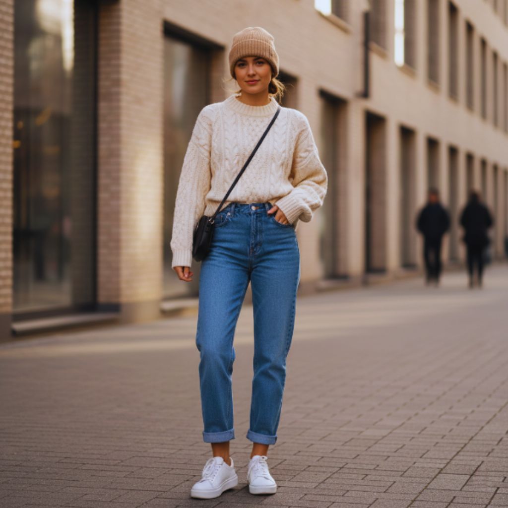 Woman wearing cream cable knit sweater half-tucked into high-waisted straight-leg jeans with rolled cuffs, styled with a beanie and white sneakers.