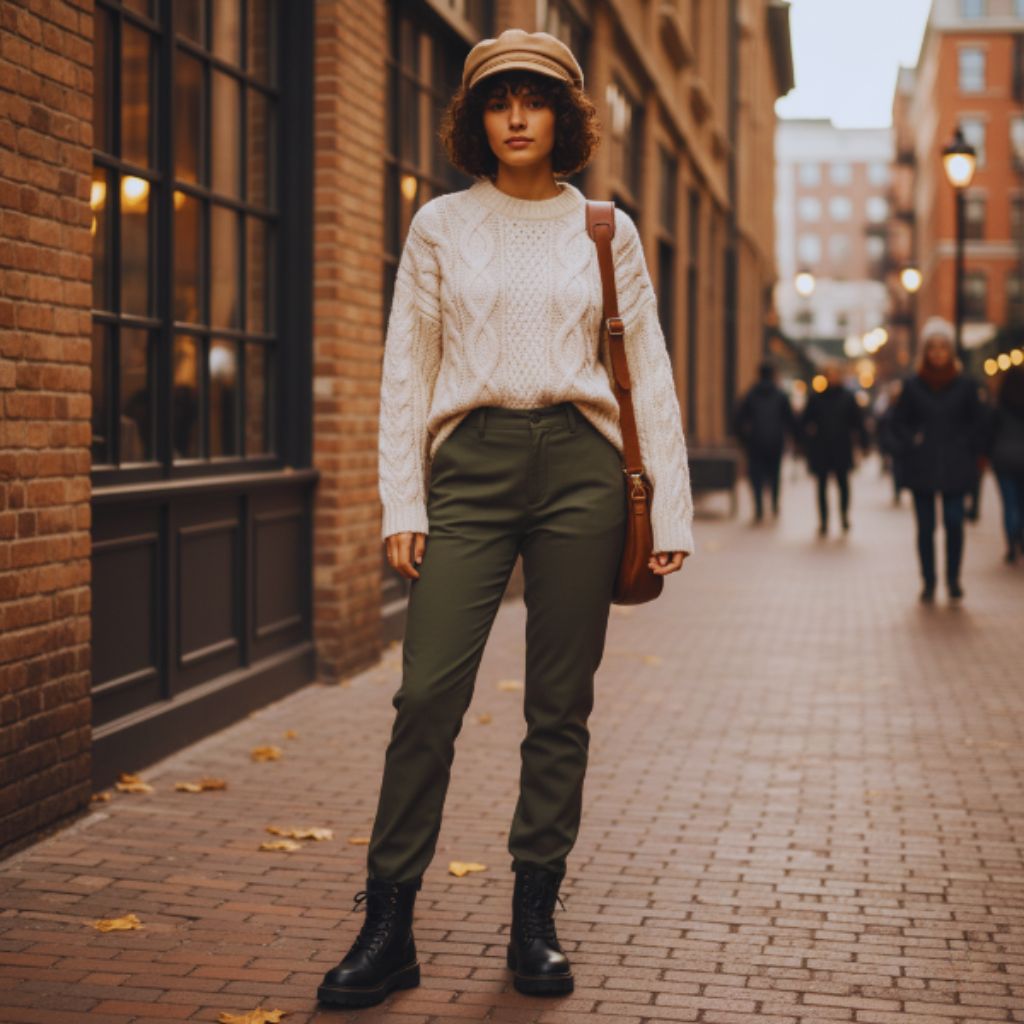 Woman wearing cable knit sweater with slim trousers, chunky leather boots, and fisherman cap styled in a cozy Gen Z streetwear outfit.