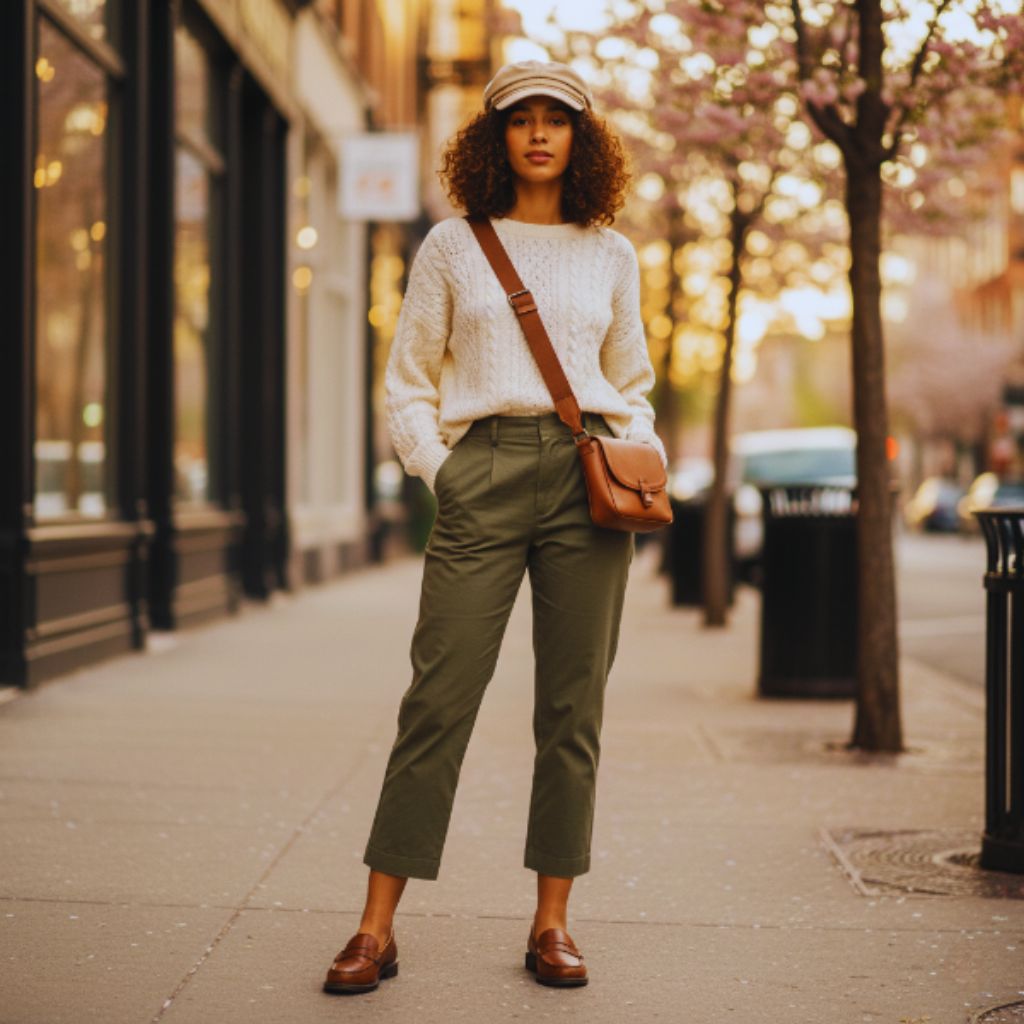 Woman wearing lightweight cream cable knit sweater with cropped trousers and loafers, styled in a casual spring evening Gen Z outfit.