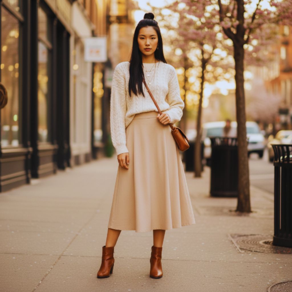 Woman wearing a cream cable knit sweater tucked into a beige high-waisted A-line skirt with ankle boots and layered necklaces, styled in a cozy street-style outfit.