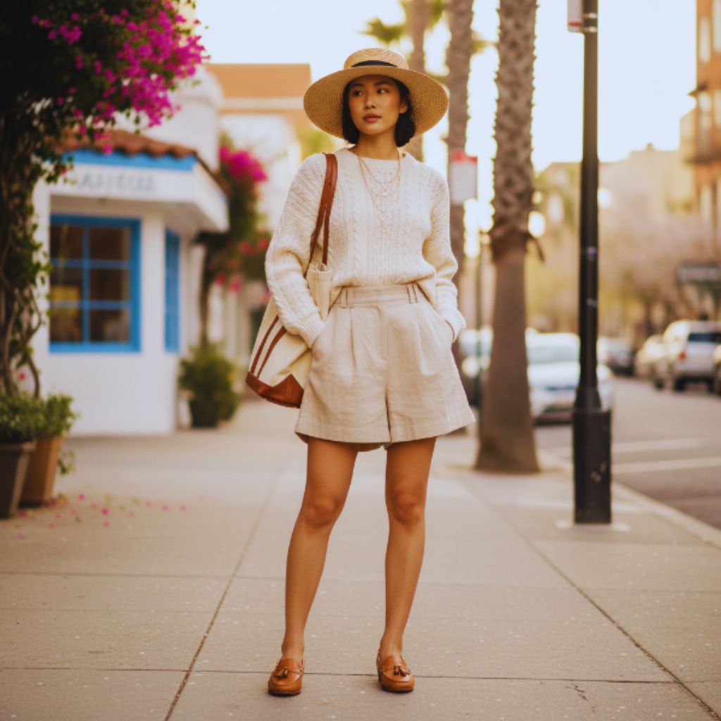 Woman wearing a lightweight cream cable knit sweater tucked into beige high-waisted shorts, accessorized with straw hat and tote bag, styled for a spring/summer Gen Z look.