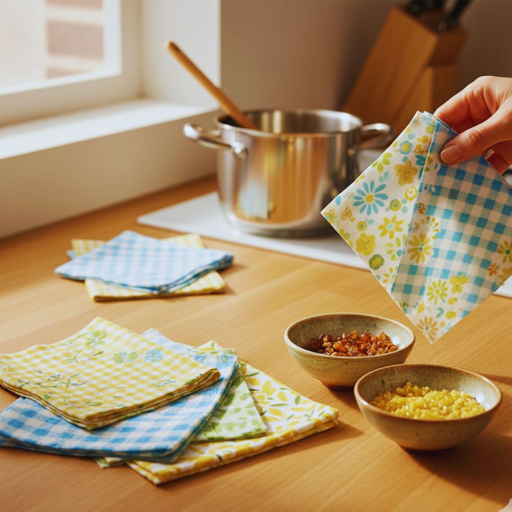 Reusable beeswax food wraps made from cotton fabric and beeswax, displayed in a bright kitchen, perfect for zero-waste DIY projects.