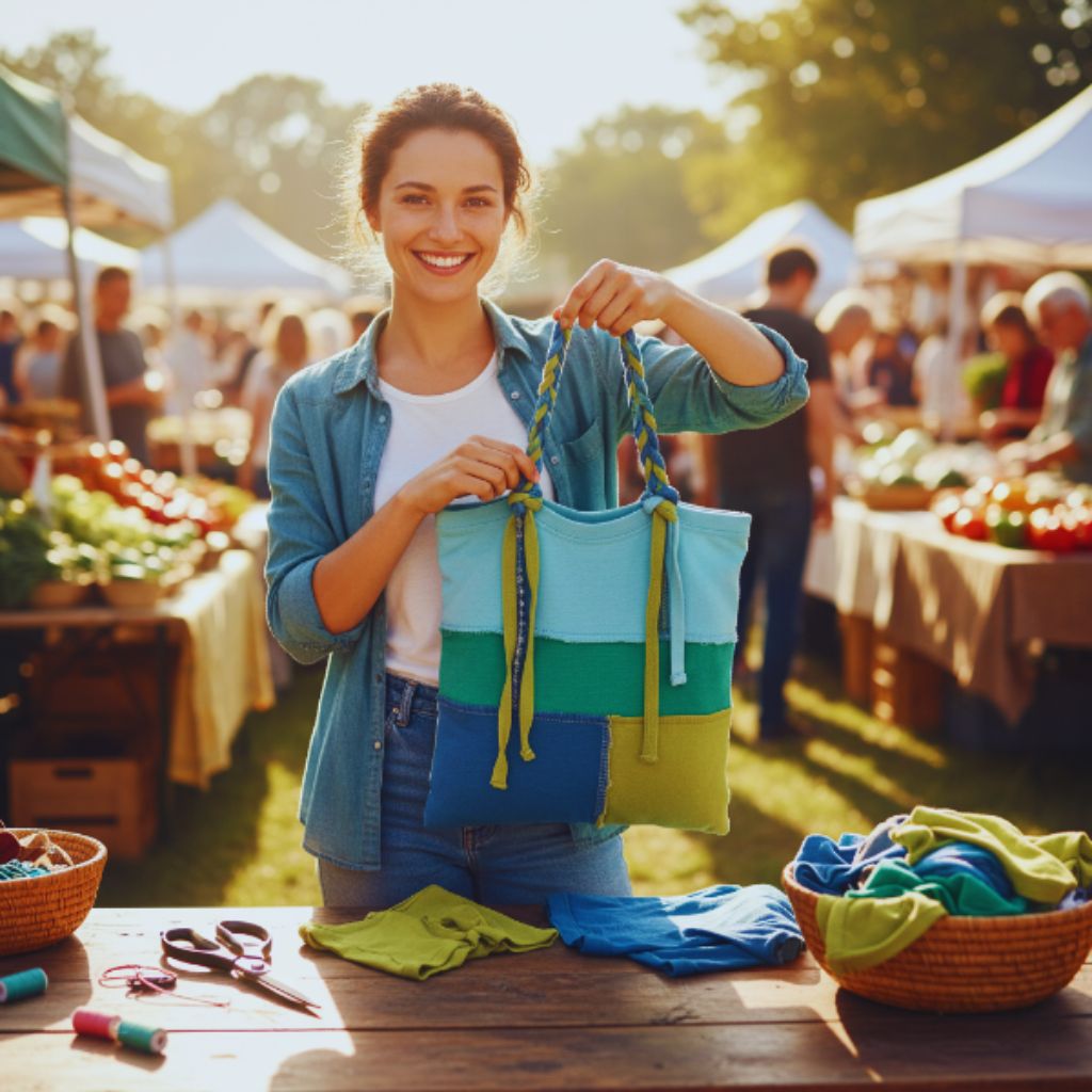 Upcycled fabric tote bag made from old t-shirts, held by a model at a farmers’ market, showcasing zero-waste DIY fashion.