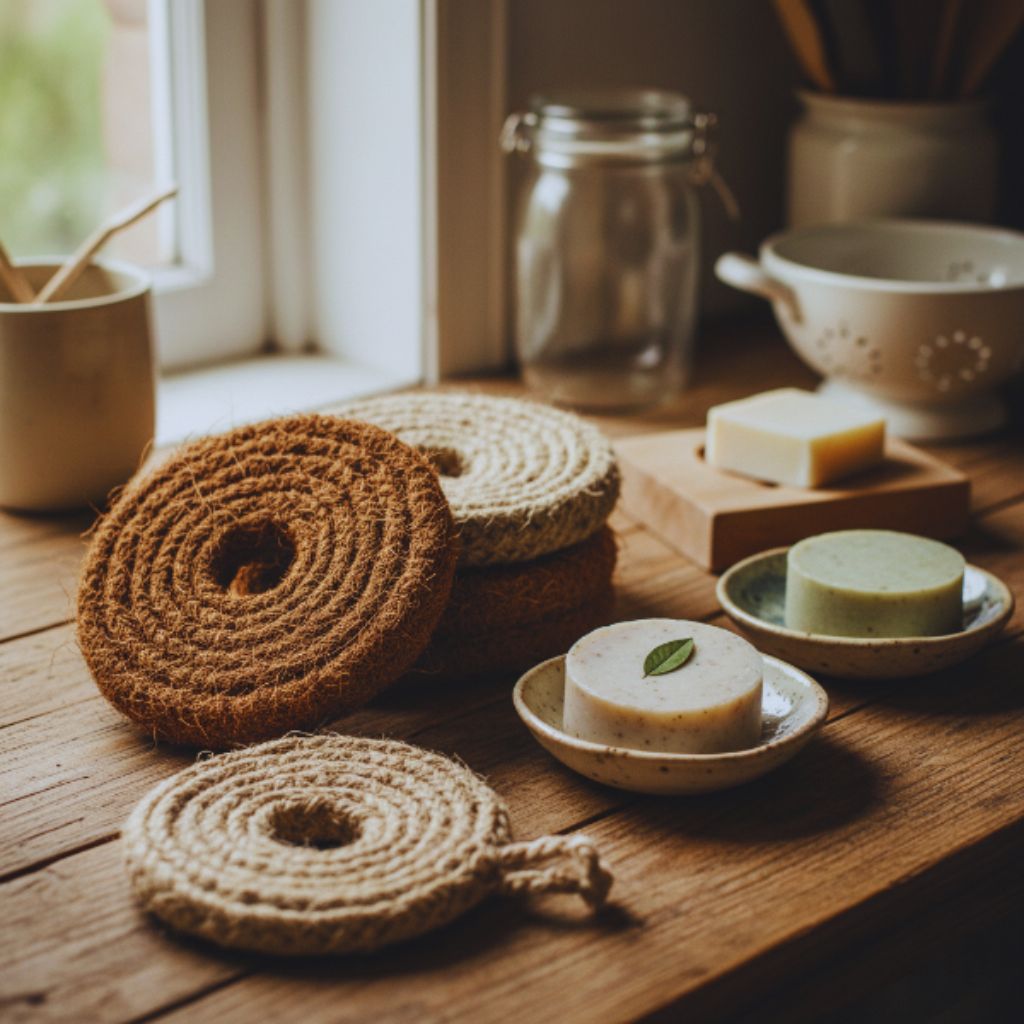 Compostable scrubbers made from natural fibers such as coconut coir and jute, displayed in an eco-friendly zero-waste kitchen setting.
