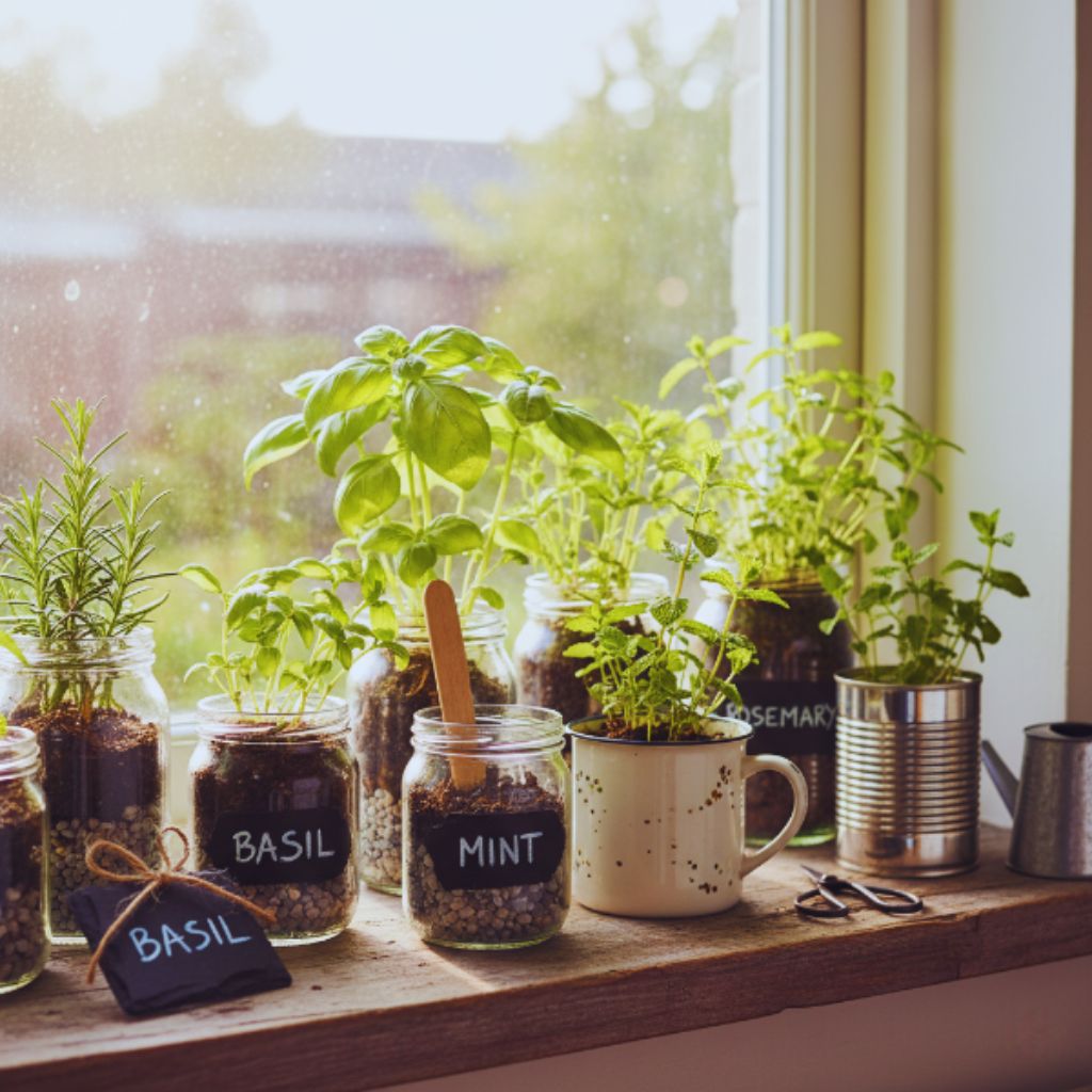 Upcycled jars used as herb garden planters, displayed on a sunlit windowsill, showcasing a zero-waste DIY project.