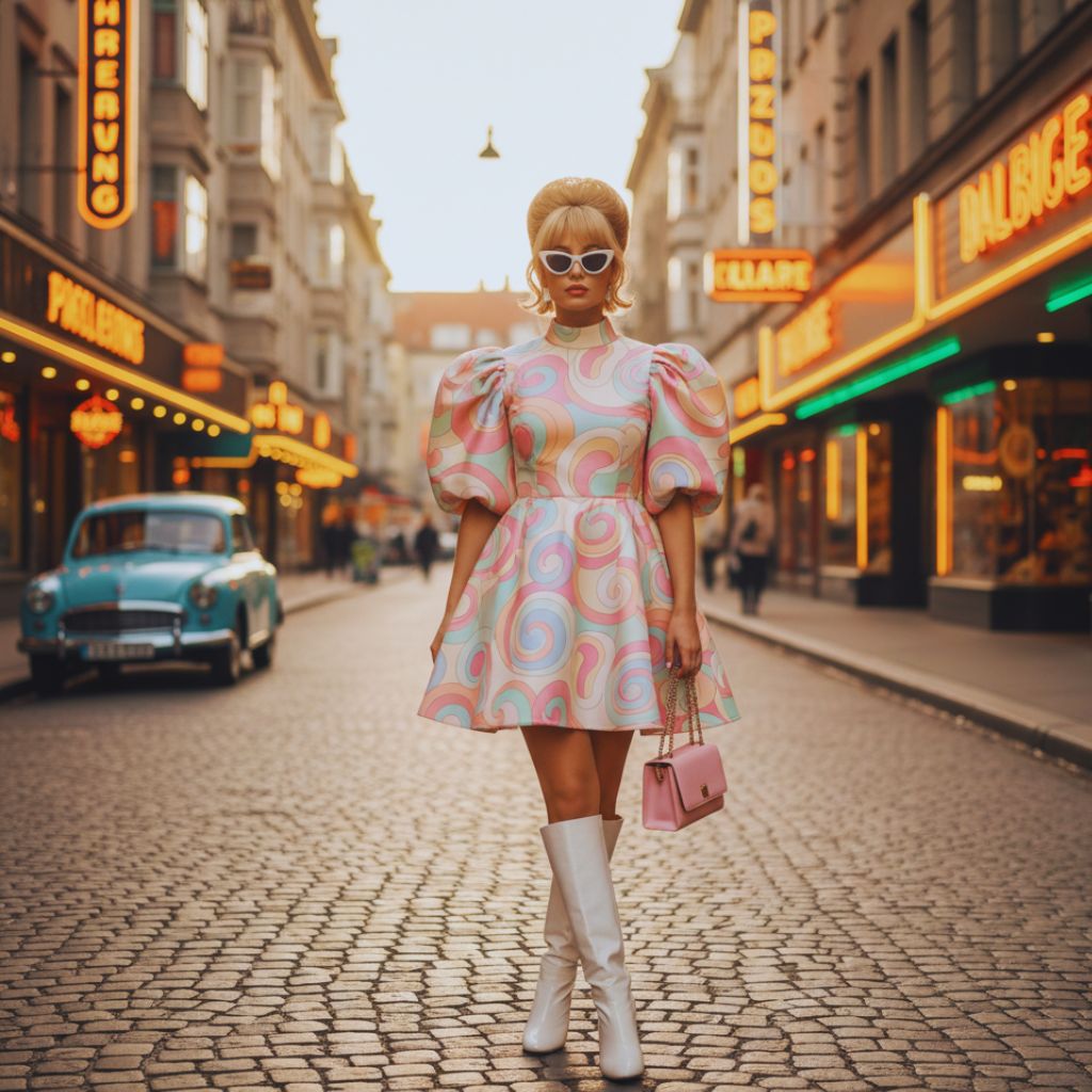 Modern woman in a 1960s-inspired Babydoll mini dress with puff sleeves and retro accessories, styled for a contemporary fashion look.