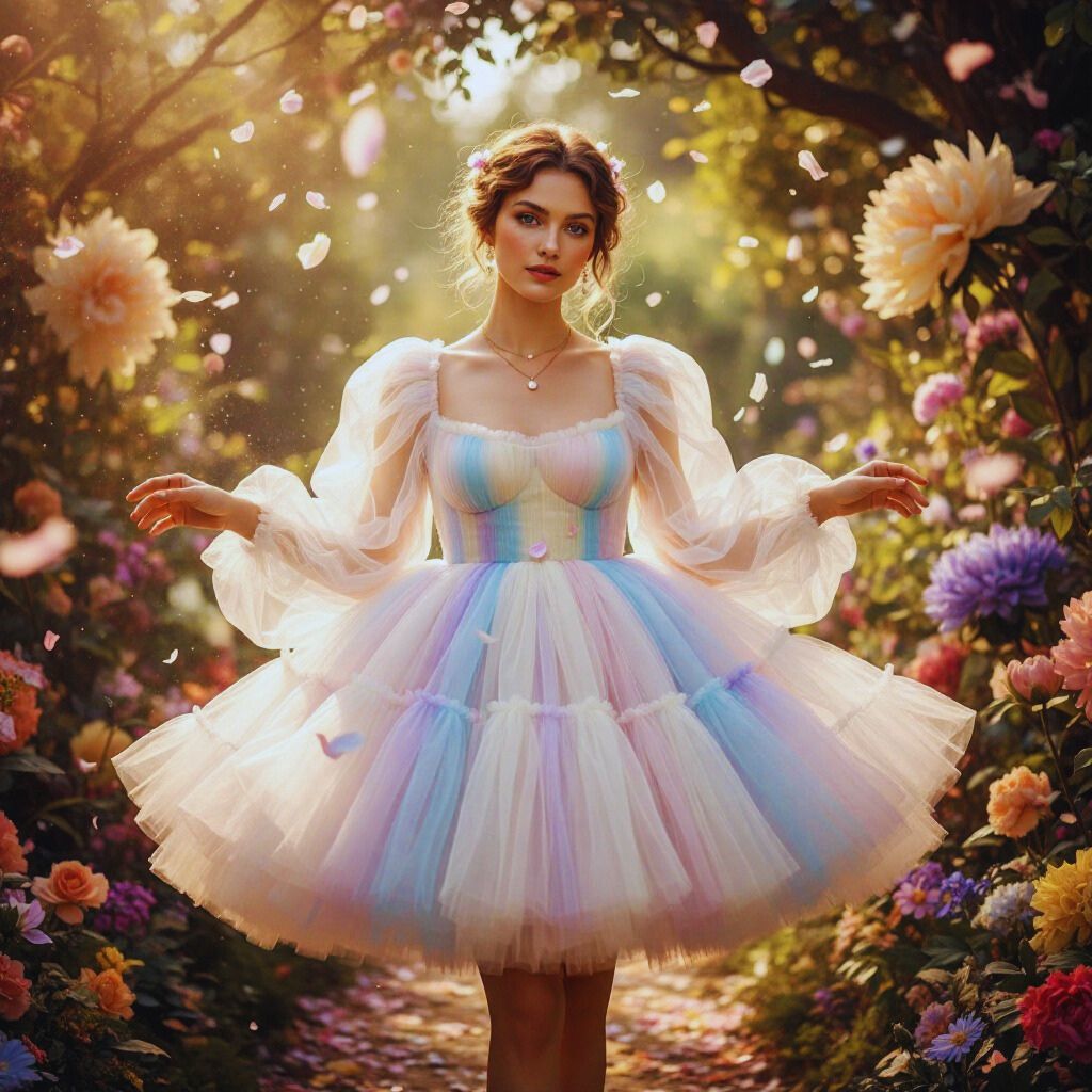 Woman wearing a pastel Selkie Babydoll dress made of organza with puff sleeves, captured in a soft, dreamy outdoor setting.