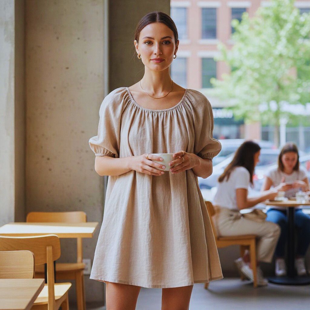 Woman wearing a sustainable Reformation Babydoll dress in linen fabric with gold accessories in a neutral urban setting.