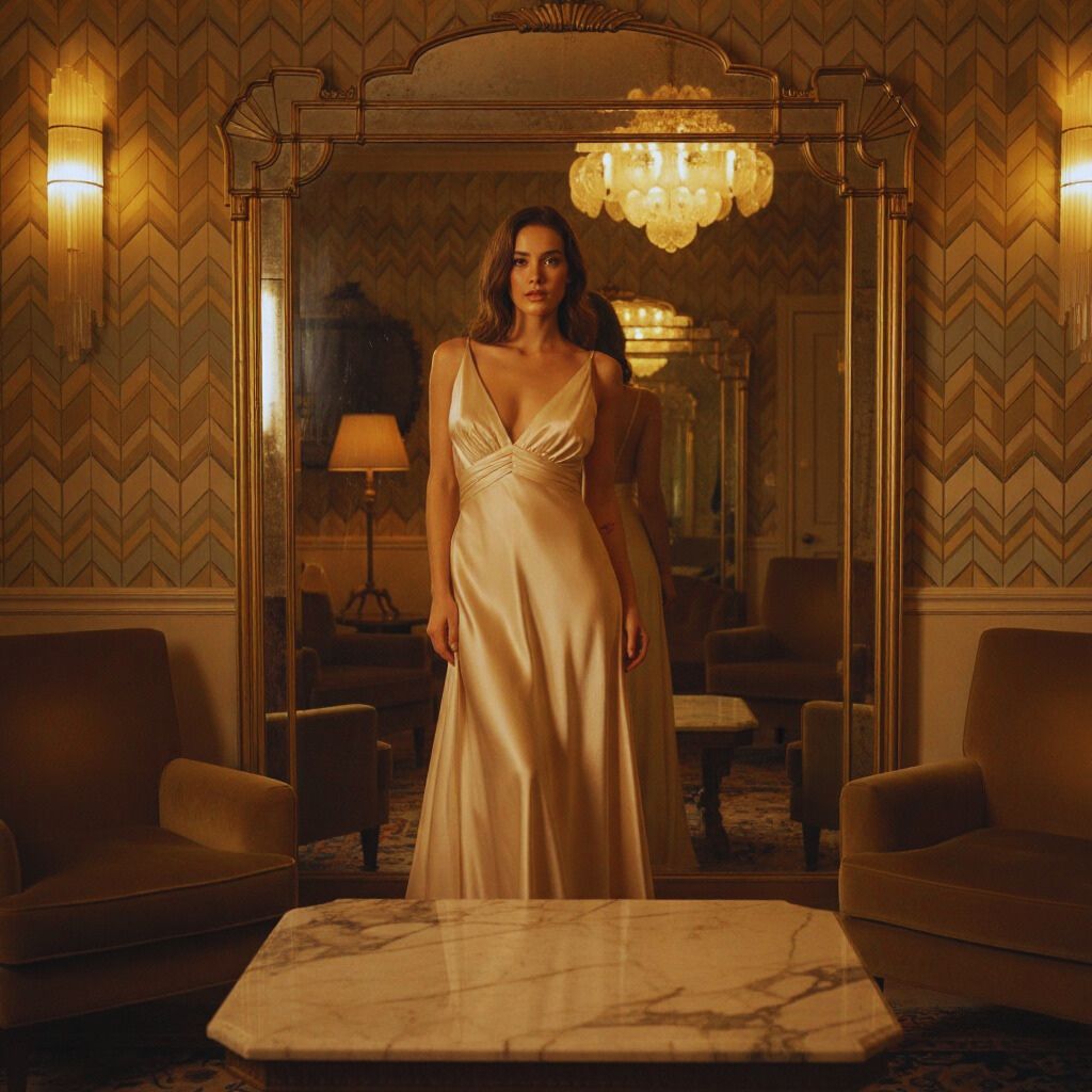 Model wearing a silky Mirror Palais Babydoll mini dress in a vintage-inspired interior with soft lighting and elegant posture.
