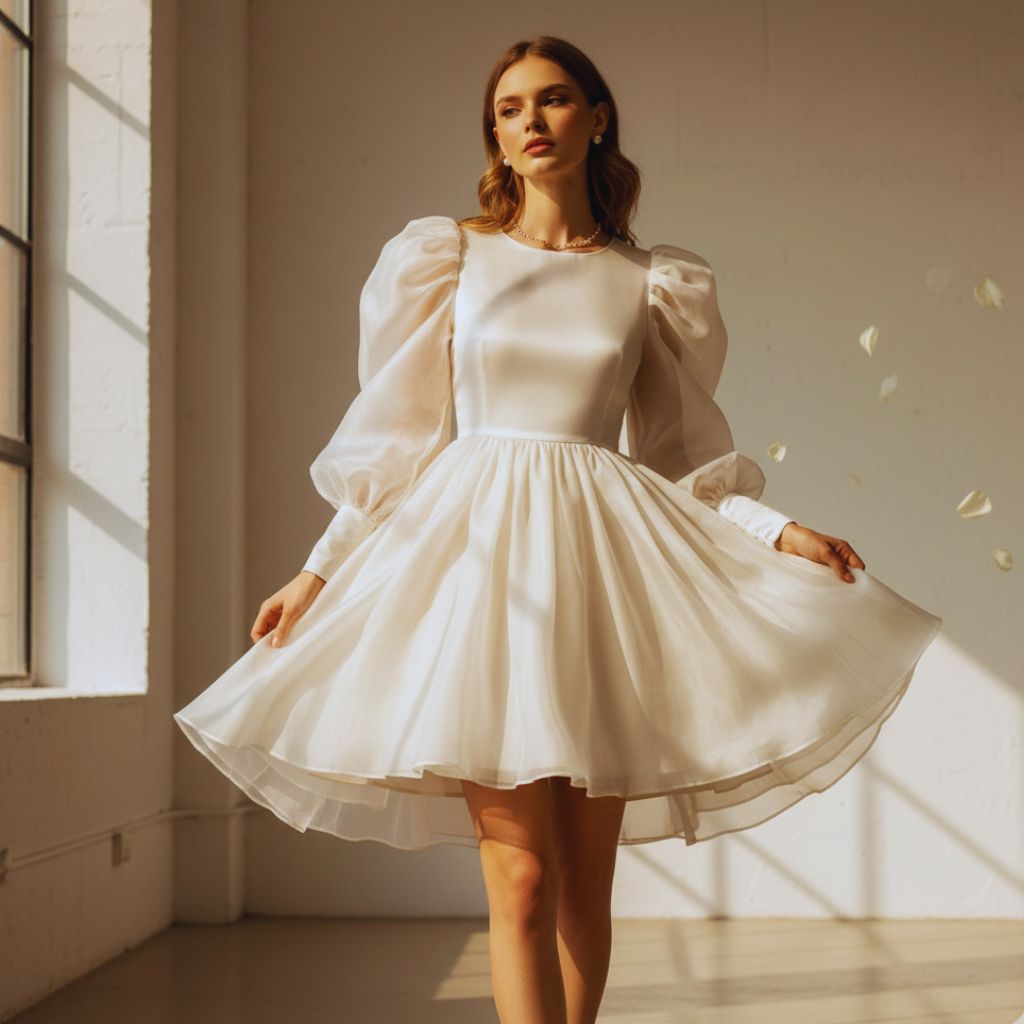 Modern Babydoll mini dress made from silk or satin fabric, styled for an elegant and airy look inspired by 1960s fashion.