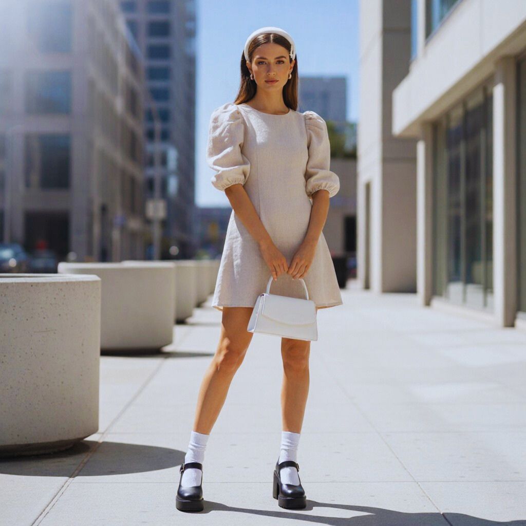 Modern street-style look featuring a Babydoll dress styled with sneakers and a leather jacket, showing a confident and playful 1960s-inspired attitude.