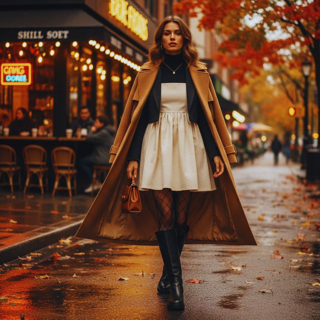 Layered Babydoll mini dress outfit featuring a turtleneck, cropped blazer, and long trench coat styled for fall or winter fashion.