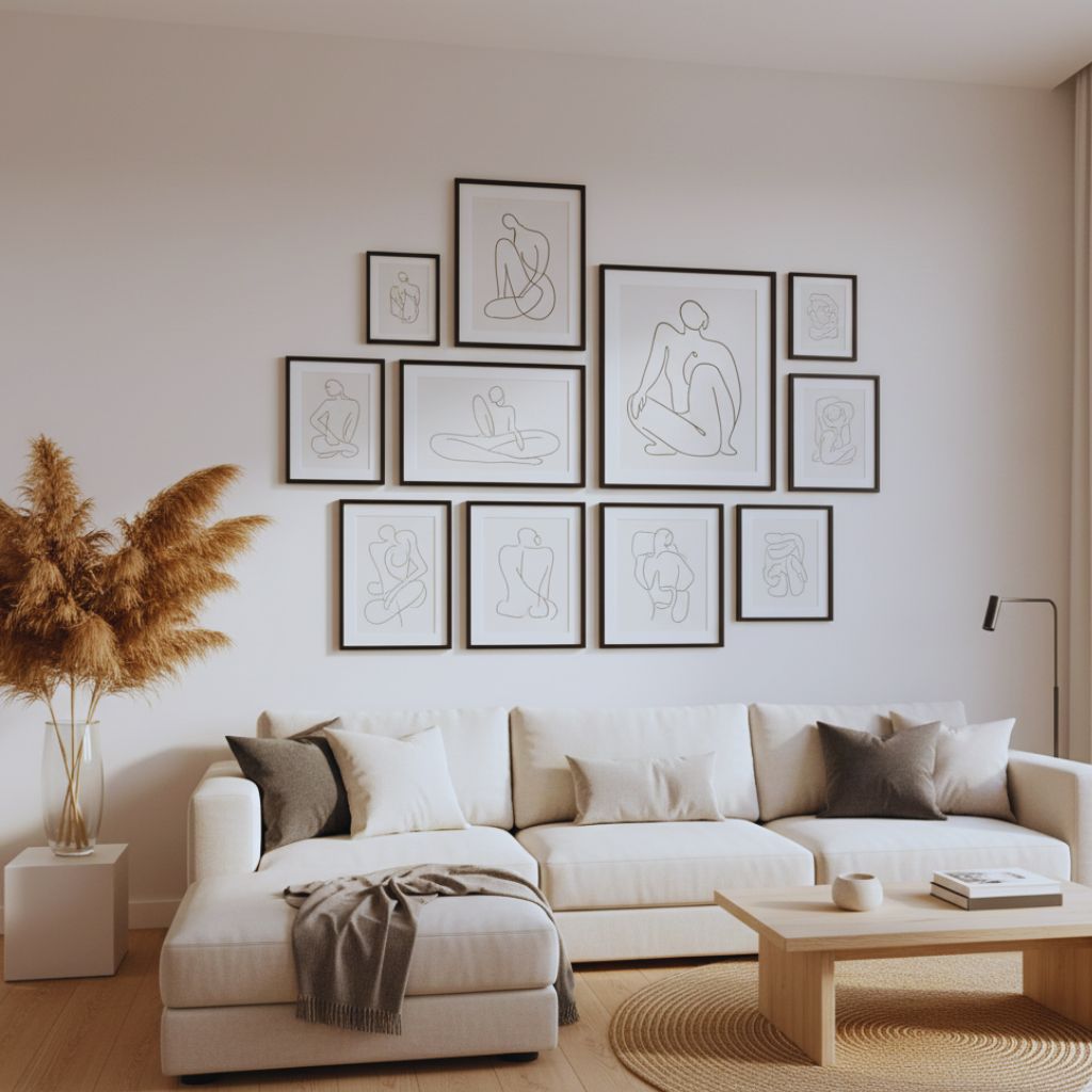 “Modern gallery wall with minimalist line drawings and neutral decor accents.”