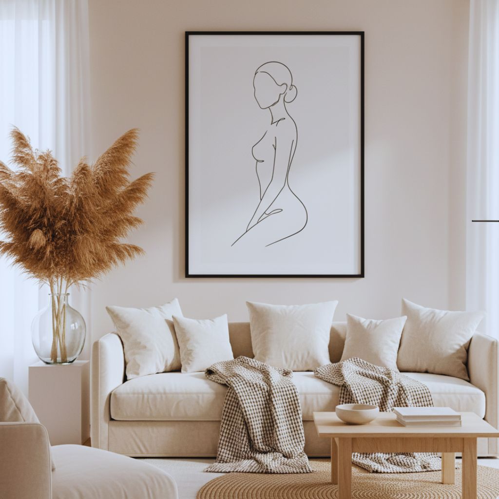 “Minimalist line drawing of a feminine silhouette above a sofa in a modern living room.”