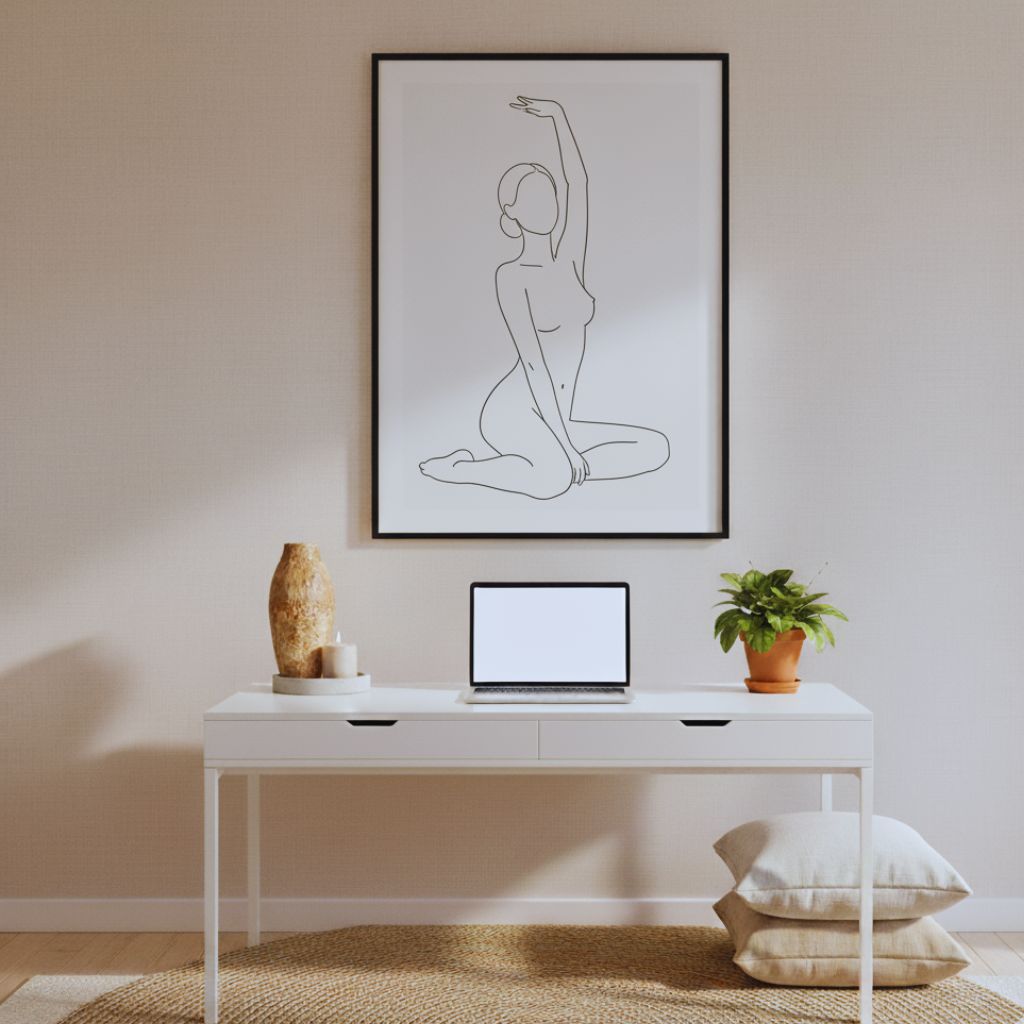 “Minimalist home office with line art wall print and neutral desk decor.”