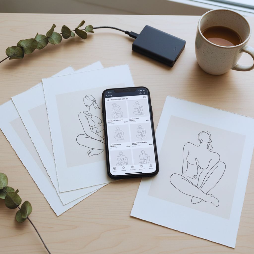 “Digital printable minimalist line art designs displayed on paper with Etsy on screen.”