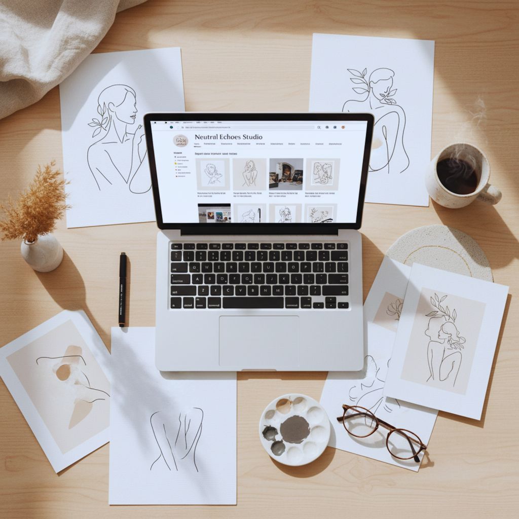 “Digital line art prints from Etsy artists displayed with neutral decor and art supplies.”