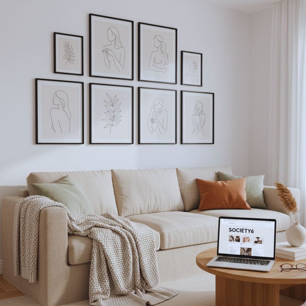 “Scandinavian-inspired living room with Society6 minimalist black-and-white line art prints.”