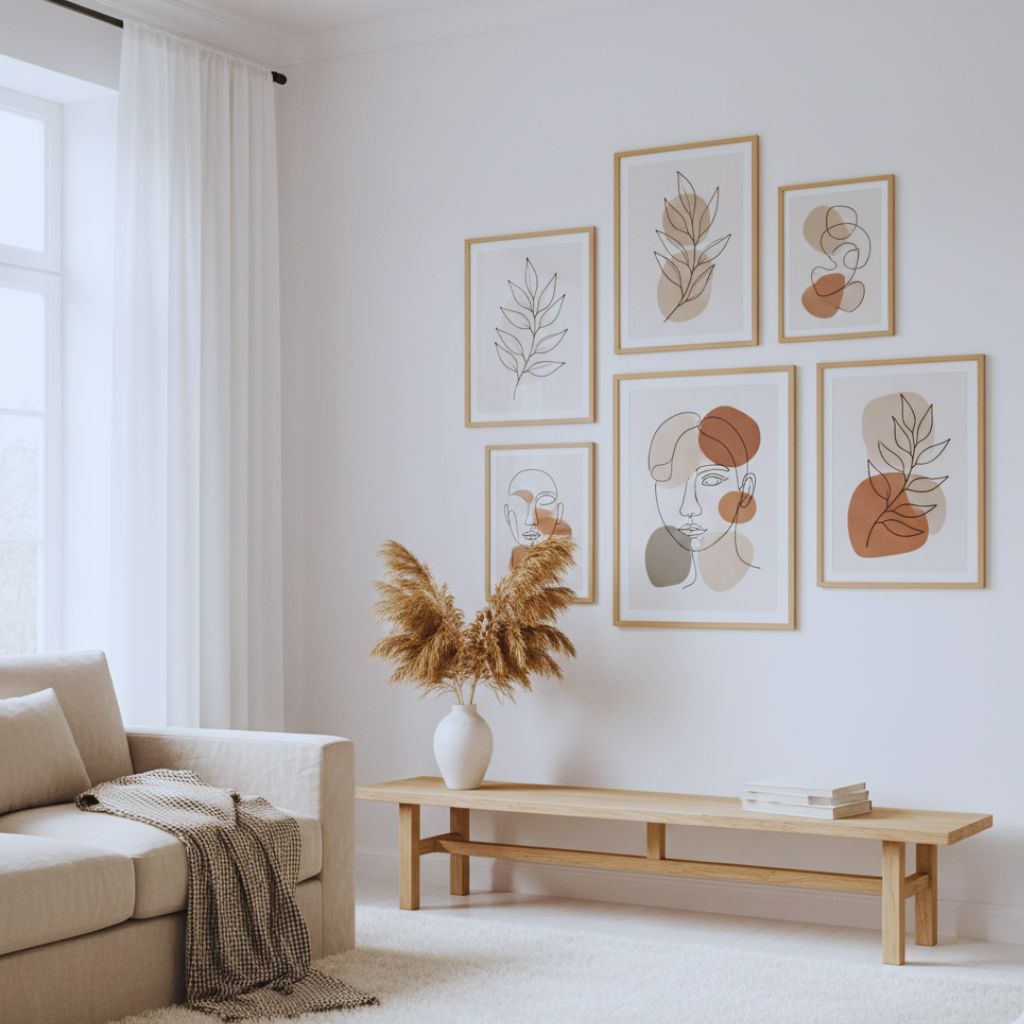 “Minimalist Scandinavian living space with Desenio line art prints in neutral colors.”