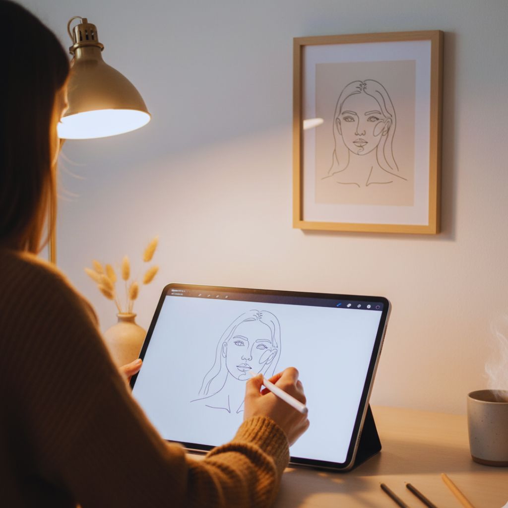 “Independent artist creating a custom minimalist line portrait on tablet in cozy home studio.”