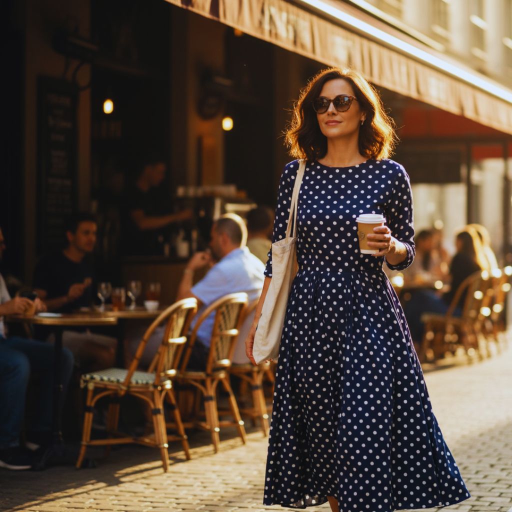 Woman wearing a polka dot blouse tucked into high-waisted solid trousers with pointed heels — elegant and structured office outfit.