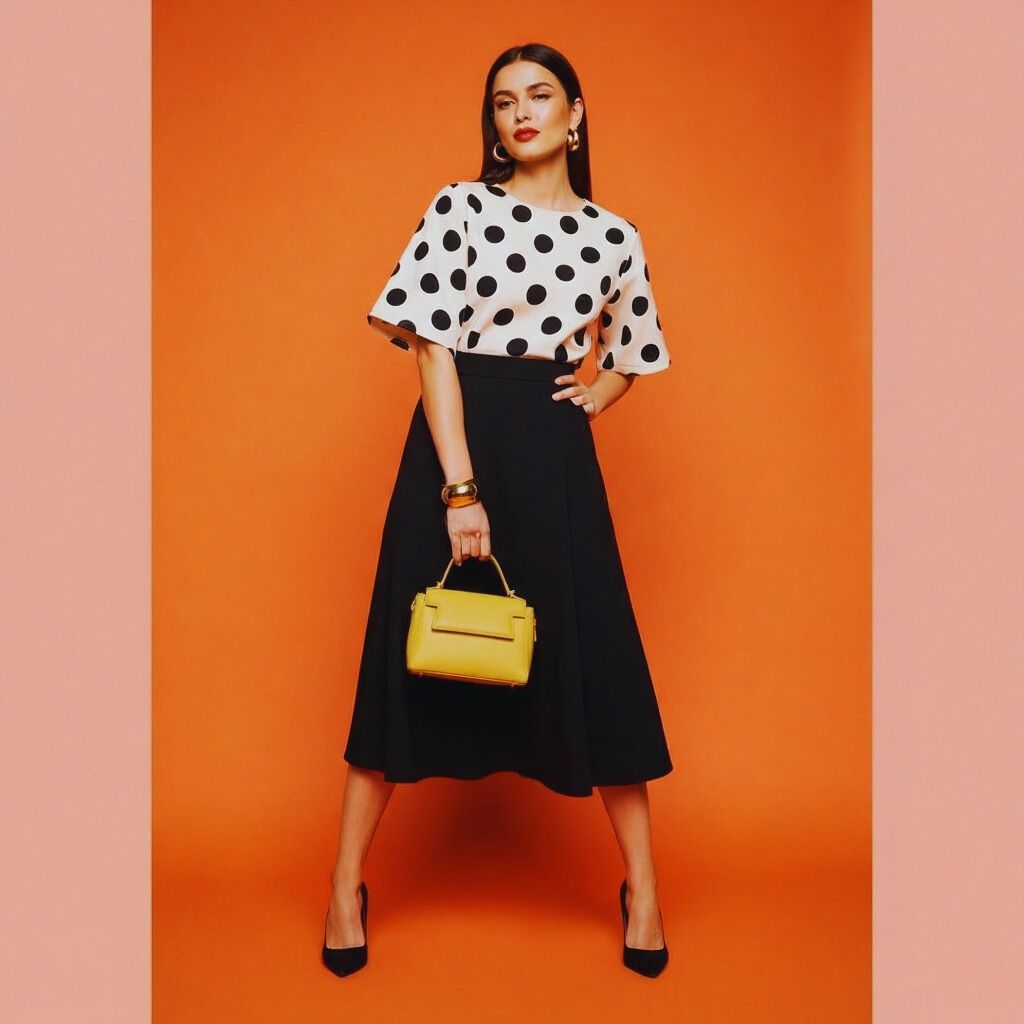 Model in a cream blouse with oversized black polka dots and a plain skirt — confident, modern, statement-making outfit.