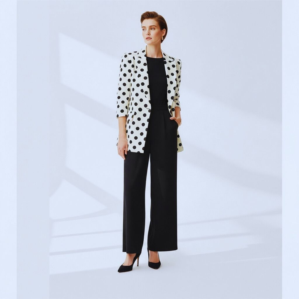 Fashion-forward woman wearing a polka dot blazer layered over a solid monochrome jumpsuit — modern, confident, and powerful style.