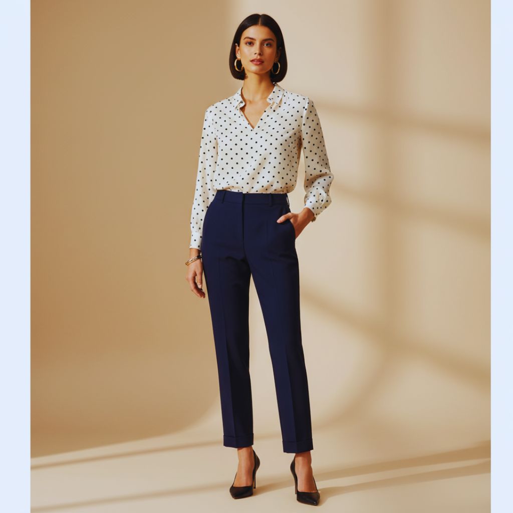 Woman wearing a polka dot blouse tucked into high-waisted solid trousers with pointed heels — elegant and structured office outfit.