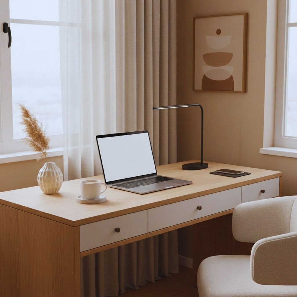 Clean, modern minimalist desk in a neutral-toned home office, featuring laptop, subtle desk accessories, and a Zoom-friendly aesthetic setup.