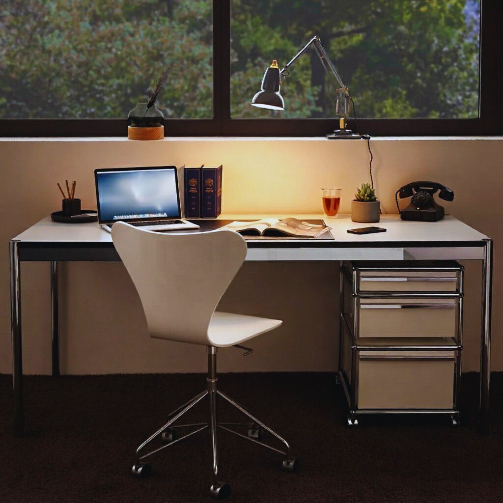 Modern desk lamp with warm white light on a minimalist desk, creating cozy ambient lighting in a bright, aesthetic home office.