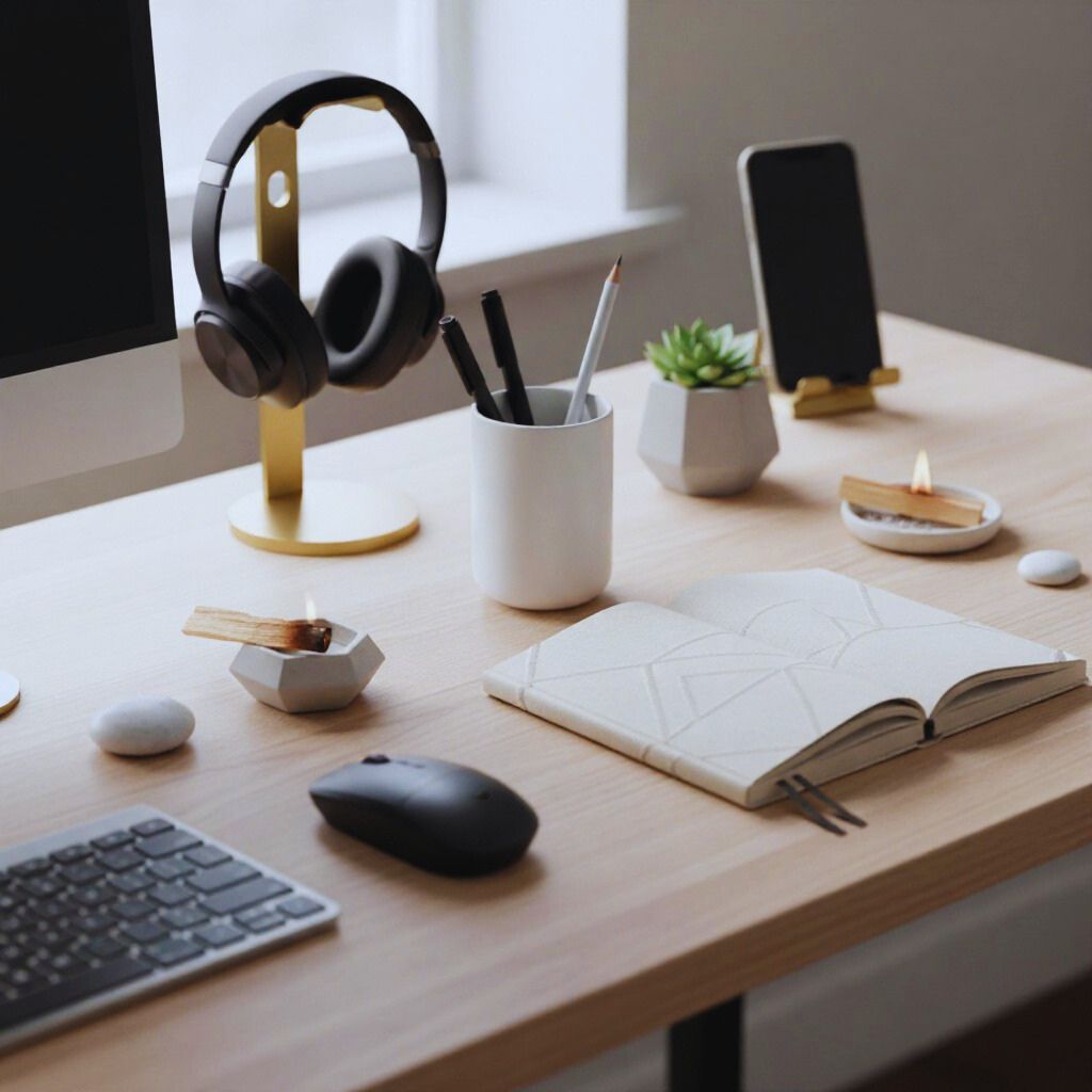 Close-up of desk accessories: minimalist pen holder, notebook, decorative items, and tech gadgets arranged neatly on a home office desk.