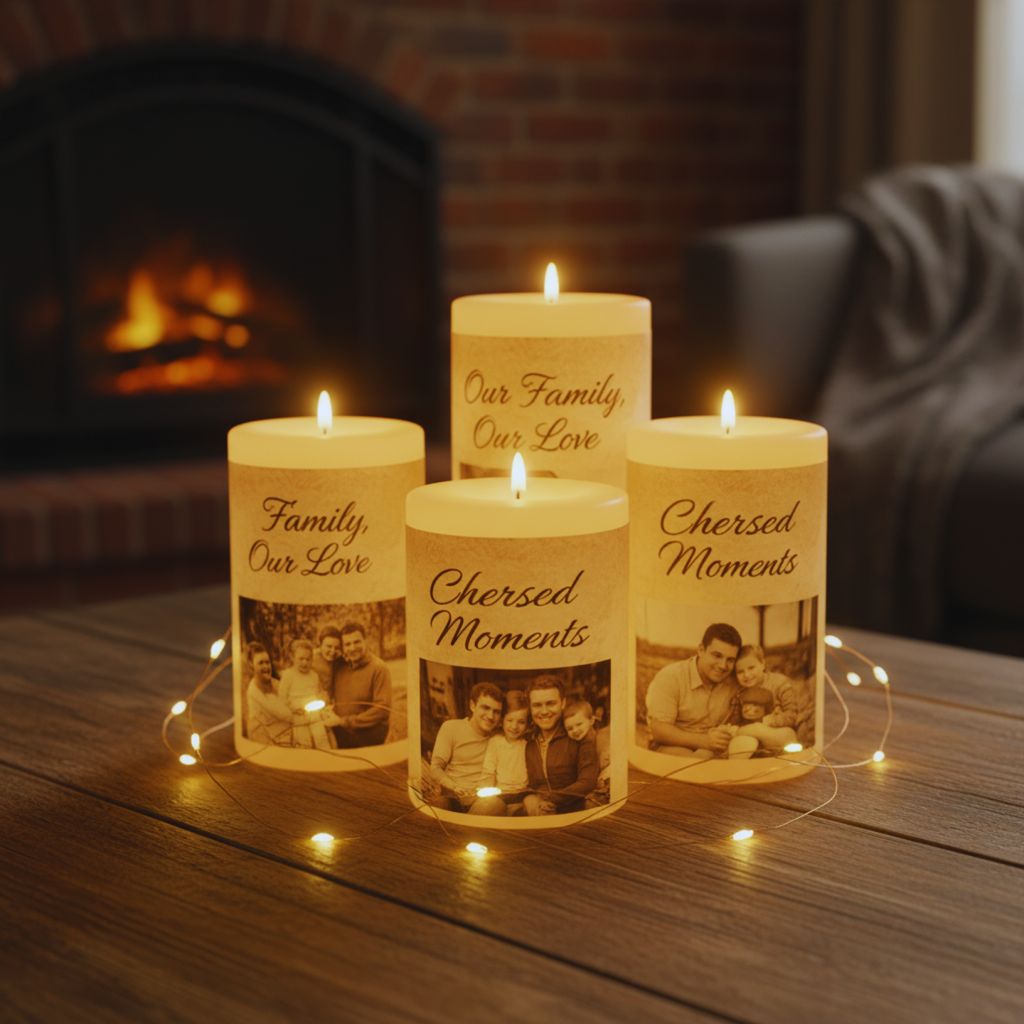 Candles decorated with printed photos and quotes glowing on a rustic table.