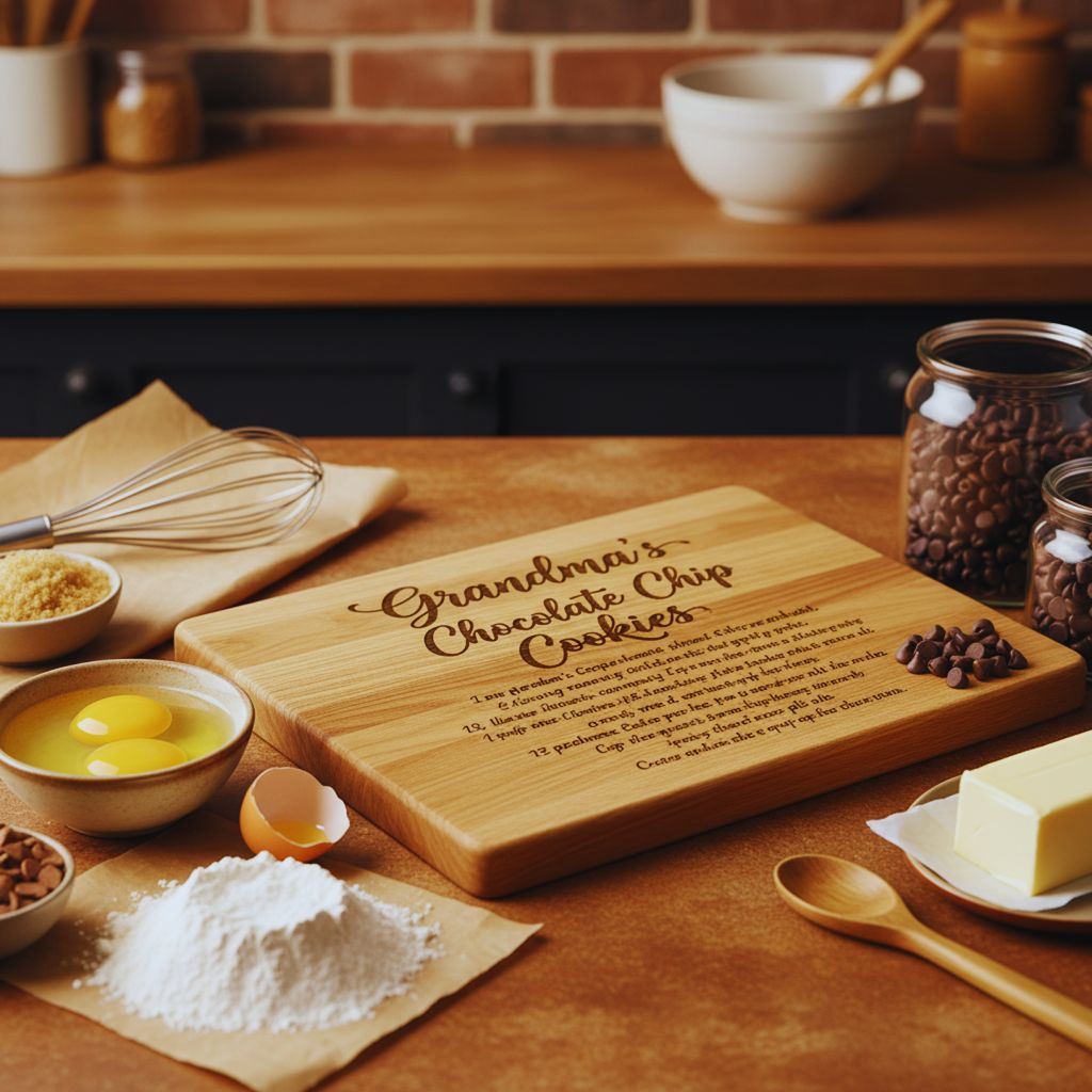 Engraved wooden cutting board with handwritten family recipe and baking supplies.