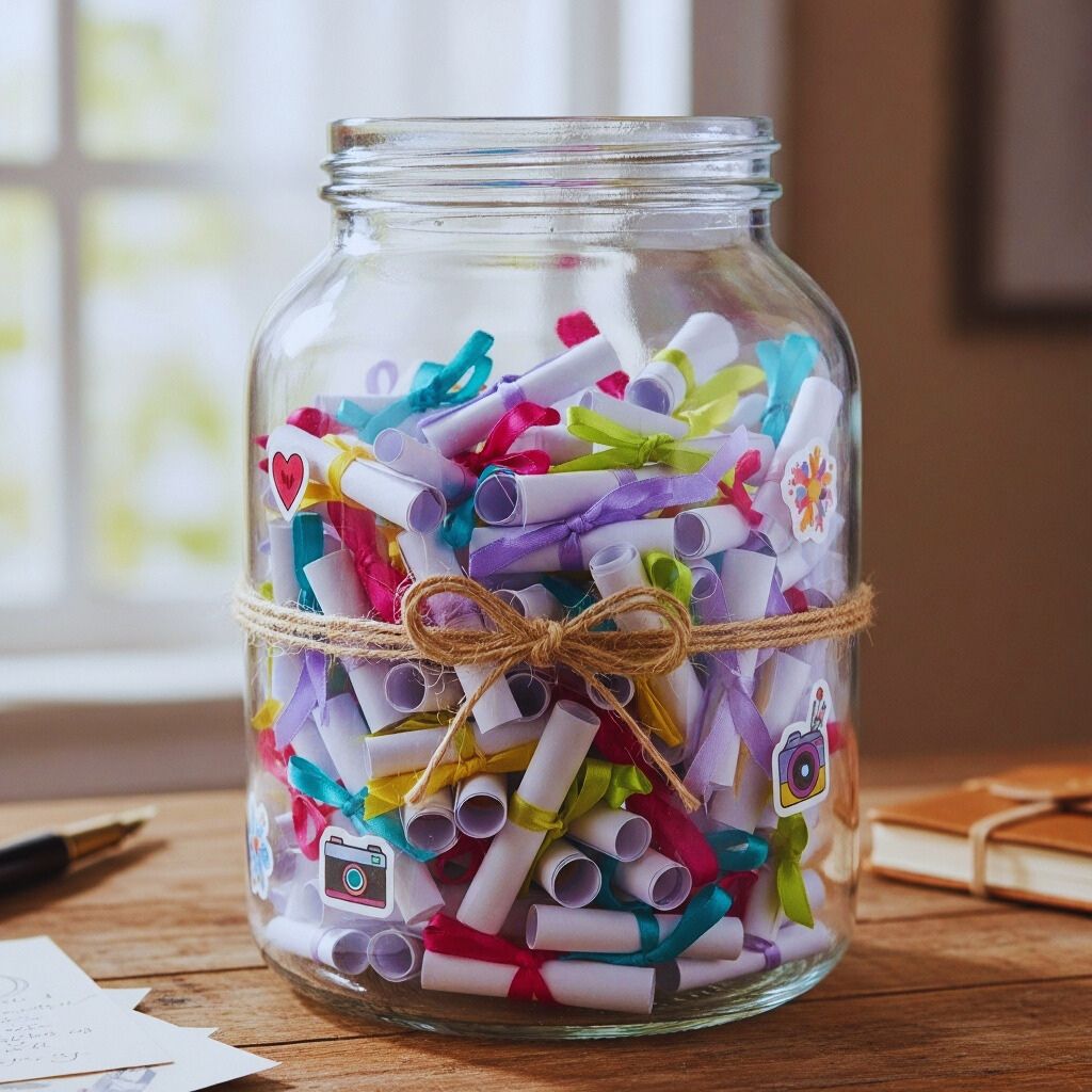 Glass jar filled with handwritten notes tied with ribbons and decorated with twine.