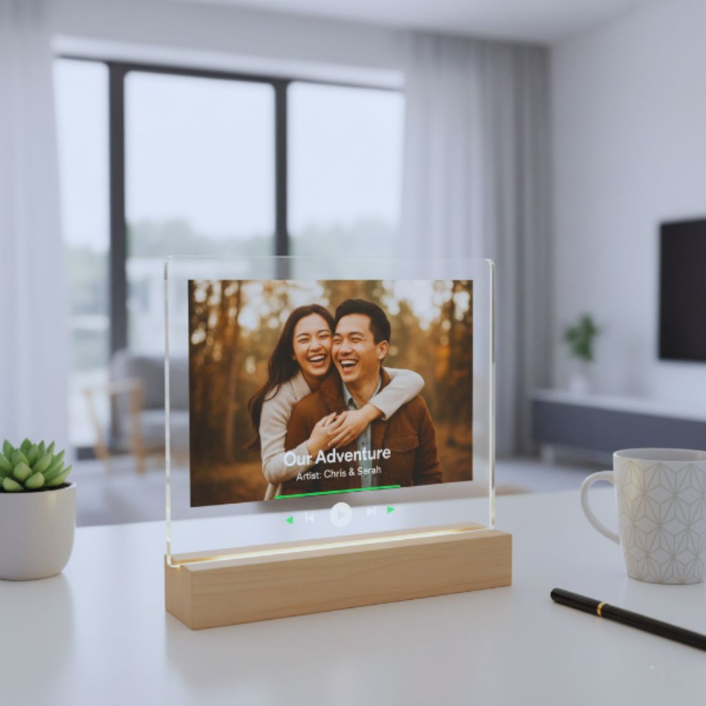 Clear acrylic Spotify plaque featuring a couple’s photo, song title, and music player design on a wooden stand.