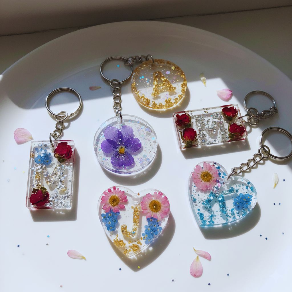 Colorful resin name keychains with glitter and initials.