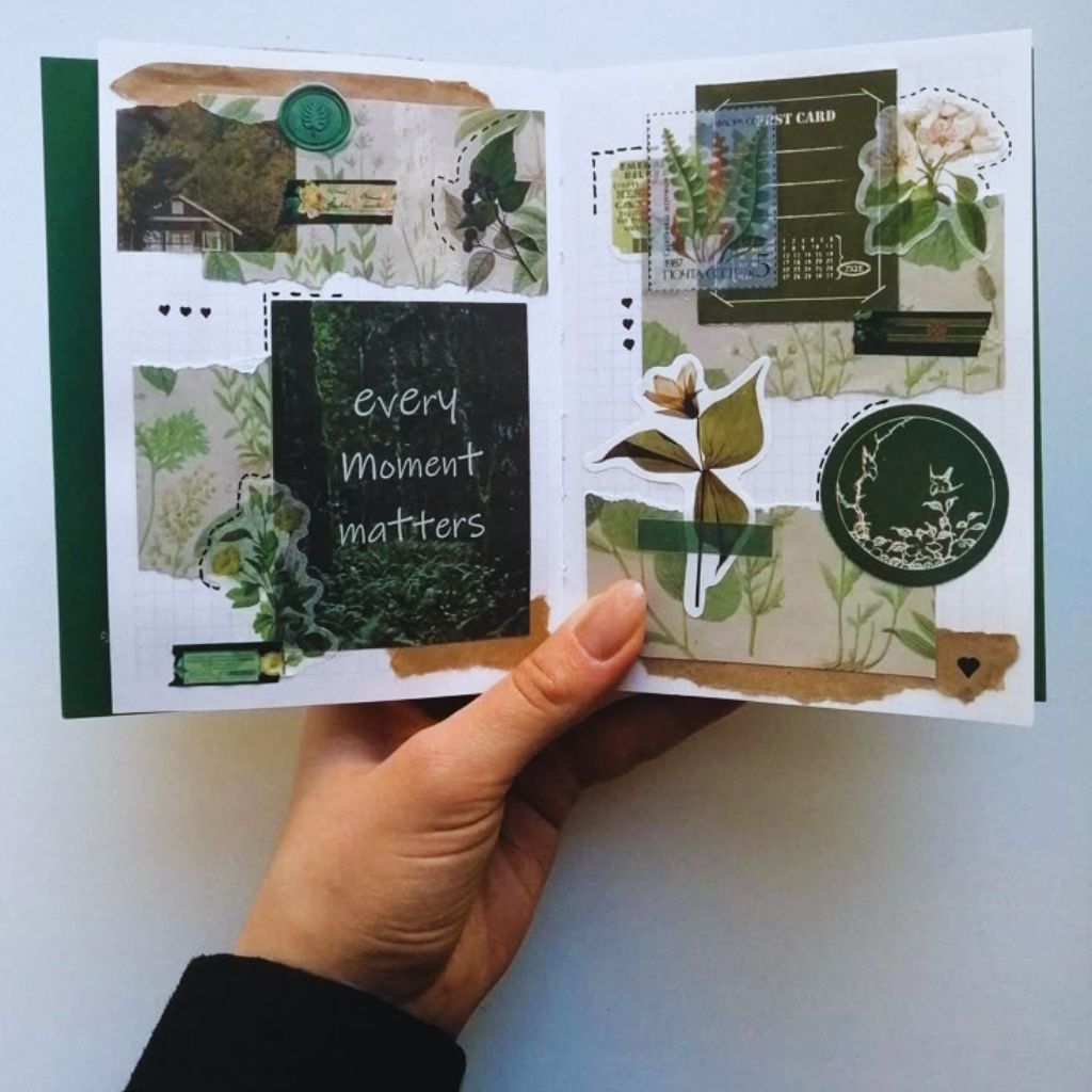 Scrapbook journal decorated with photos, doodles, and captions.