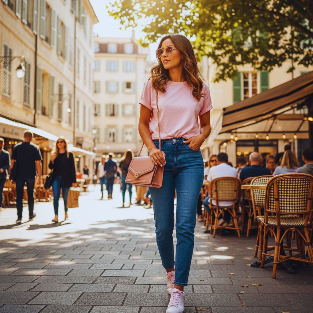 A person in a light pink T-shirt and jeans with rose accessories, representing a relaxed yet stylish everyday outfit.