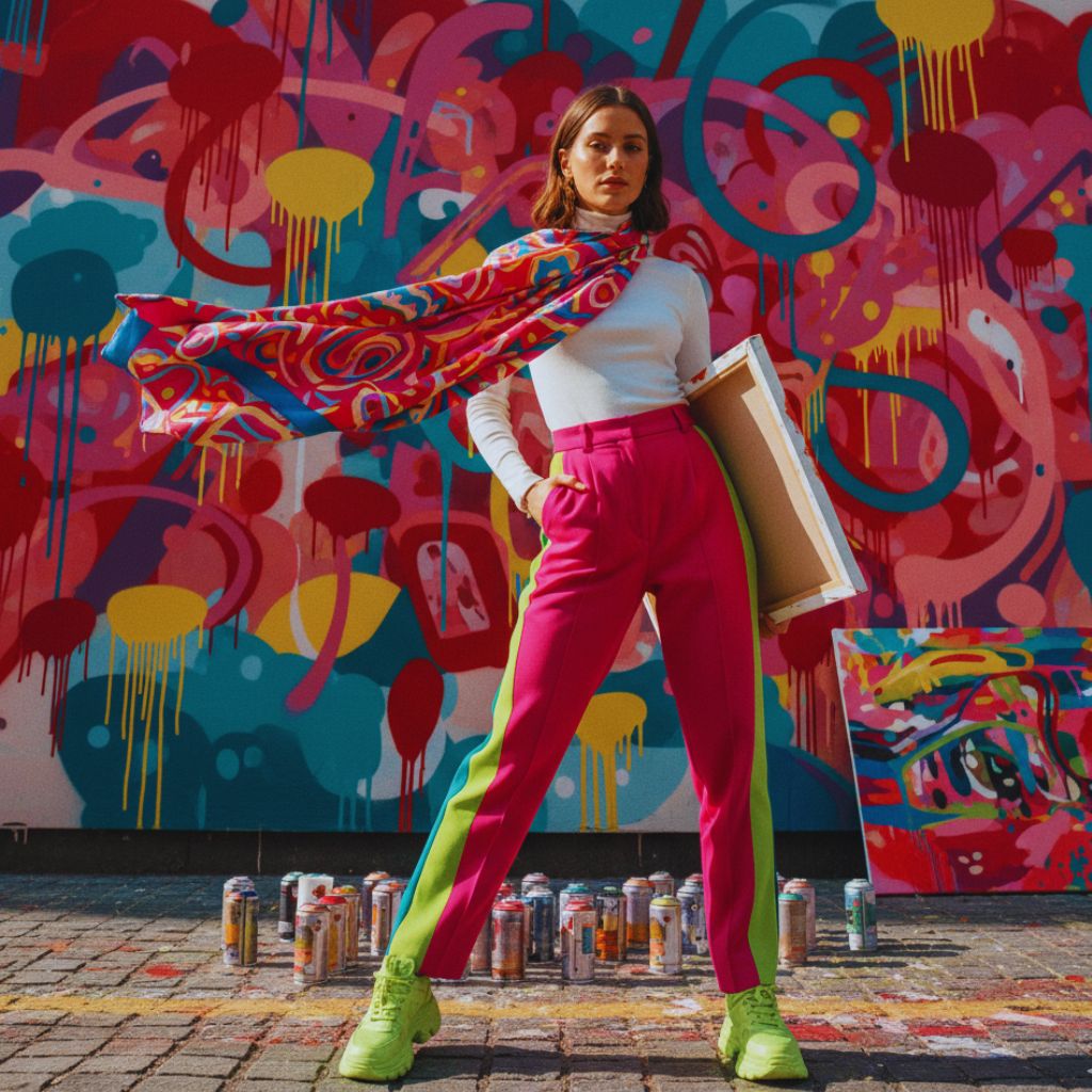 A fashionable person wearing bright pink trousers and color-blocked outfit in a creative studio, symbolizing artistic expression.