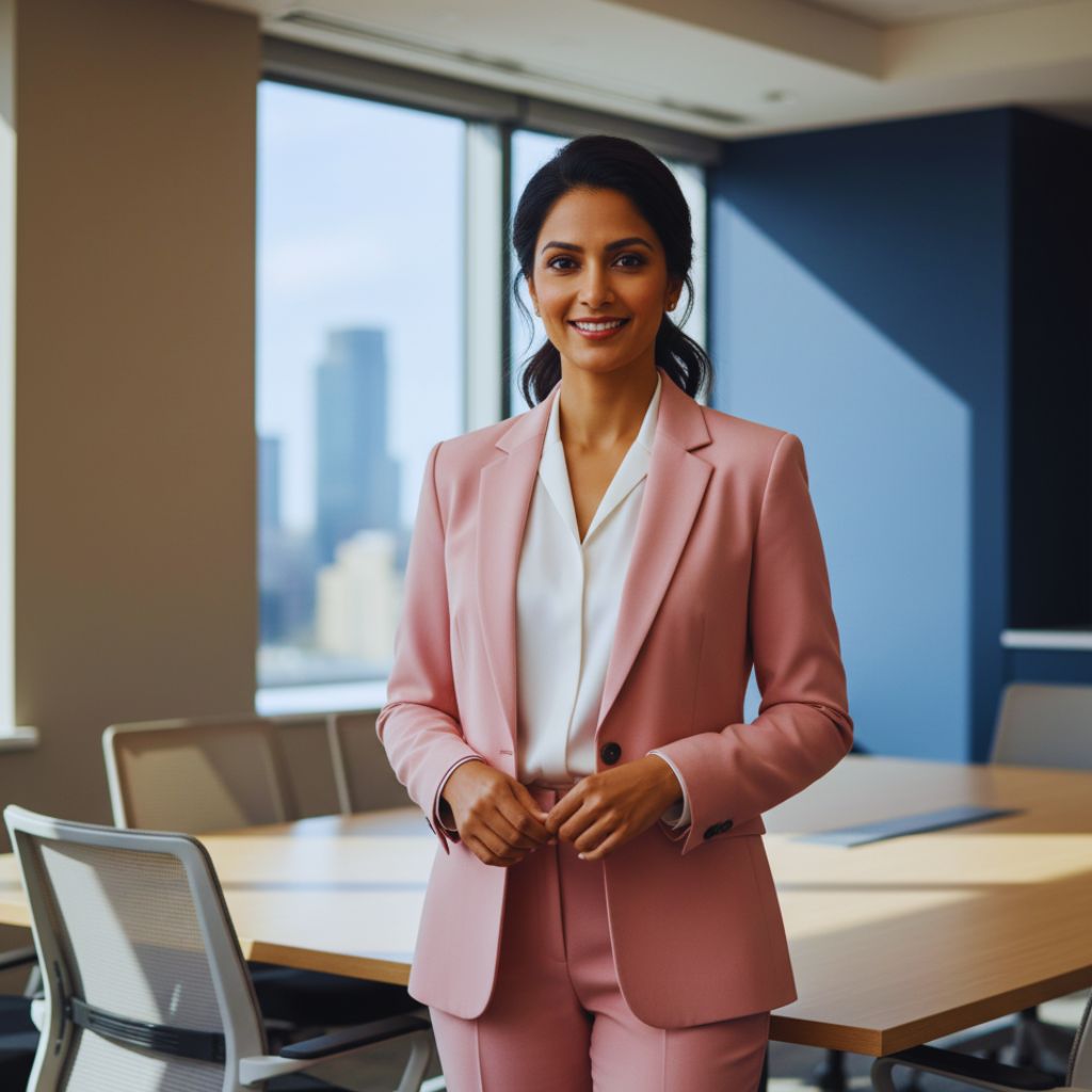 A professional woman in a blush pink blazer and white blouse in a modern office, symbolizing confidence and professionalism.