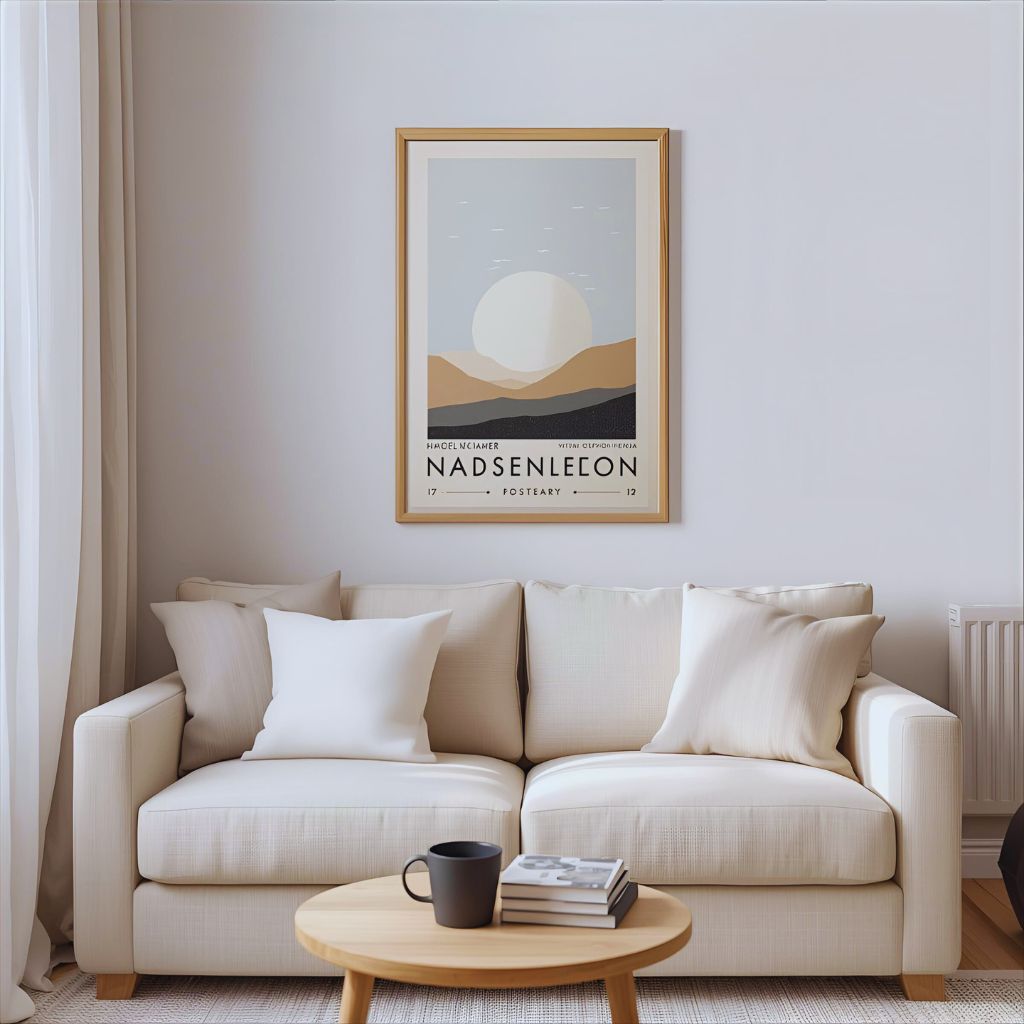 Scandinavian-style living room featuring a framed vintage travel poster from The Poster Club above a neutral-toned sofa.