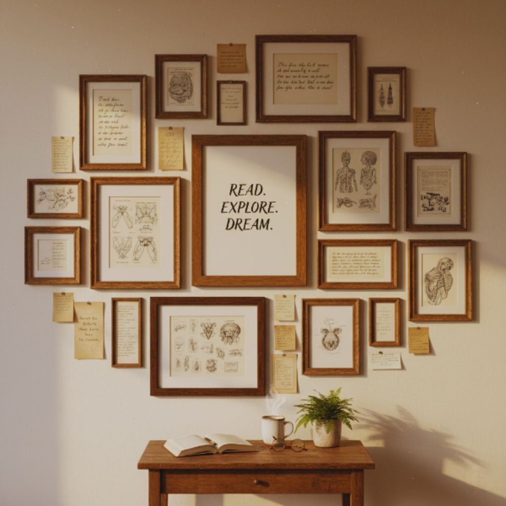 Gallery wall of framed quotes, vintage art, and poetry prints above a cozy reading table.