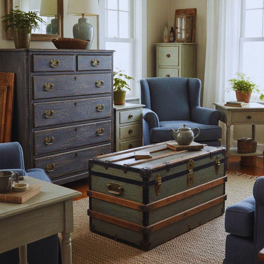 Castlecore living space with dark wood furniture, brass accents, and an antique trunk as a coffee table.