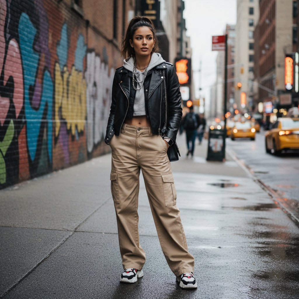 Model wearing wide-leg cargo pants, cropped hoodie, leather jacket, and sneakers in urban street setting, showcasing Street Luxe style.