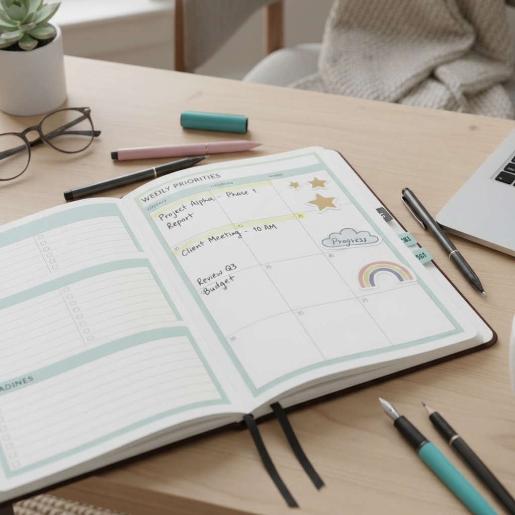 Daily planner page with three priority boxes filled out, surrounded by colorful pens and motivational stickers.